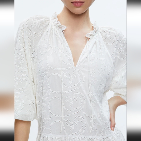 ALICE+OLIVIA Sherrie Gathered 3/4 Sleeves Mini Dress. Off White. Size L - Picture 4 of 16